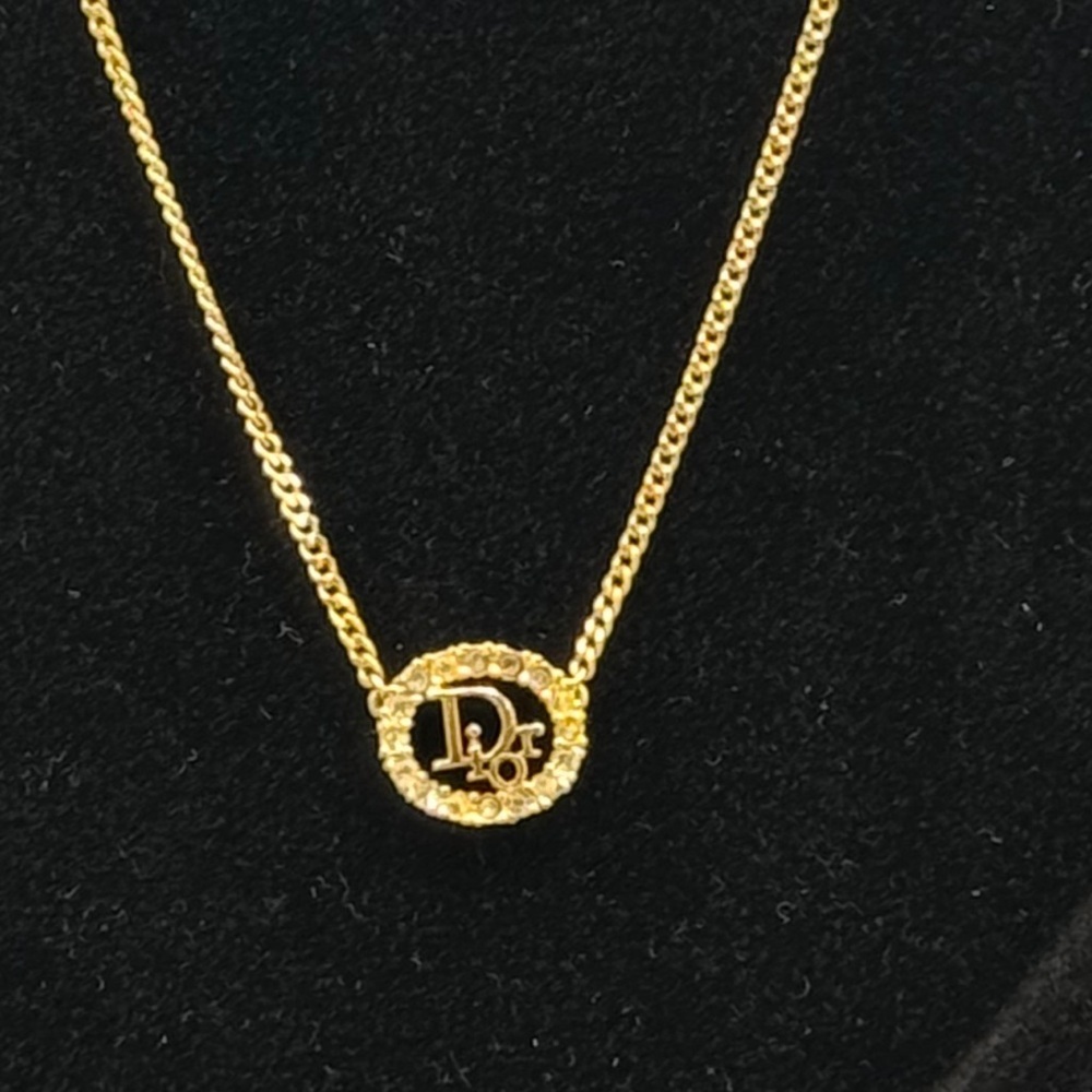 Christian Dior Gold Logo Round Rhinestone Pendant Necklace Cd Charm